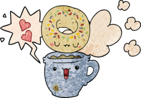 mignonne dessin animé Donut et café avec discours bulle dans rétro texture style png