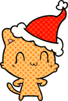 hand drawn comic book style illustration of a happy cat wearing santa hat png