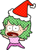 hand drawn comic book style illustration of a shocked elf girl wearing santa hat png