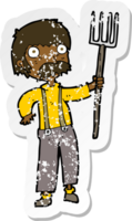 retro distressed sticker of a cartoon farmer with pitchfork png