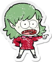 distressed sticker of a cartoon shocked elf girl pointing png