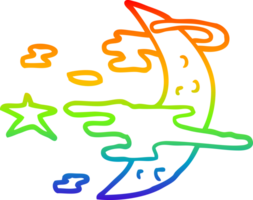 rainbow gradient line drawing of a cartoon spooky moon and clouds png