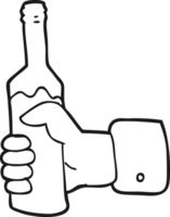 hand drawn black and white cartoon hand holding bottle of wine png