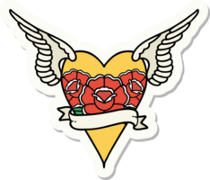 sticker of tattoo in traditional style of a flying heart with flowers and banner png