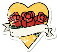 distressed sticker tattoo in traditional style of a heart and banner with flowers png