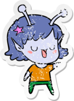 distressed sticker of a happy alien girl cartoon png