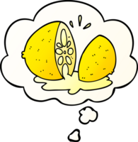 cartoon cut lemon with thought bubble in smooth gradient style png