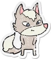 distressed sticker of a friendly cartoon wolf png