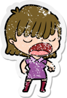 distressed sticker of a cartoon woman talking loudly png