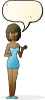 Cartoon verwirrte Frau im Cocktailkleid mit Sprechblase png