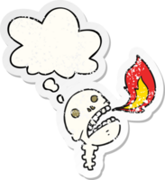 cartoon spooky halloween skull with thought bubble as a distressed worn sticker png