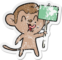 distressed sticker of a crazy cartoon monkey with sign png