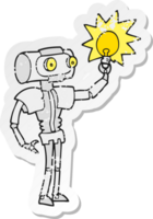 retro distressed sticker of a cartoon robot with light bulb png