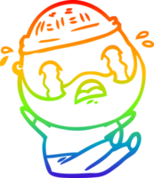 rainbow gradient line drawing of a cartoon bearded man crying png