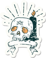 worn old sticker of a tattoo style spooky skull and candle png