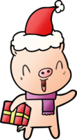 glücklich Hand gezeichnet Gradient Karikatur von ein Schwein mit Weihnachten Geschenk tragen Santa Hut png