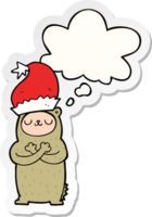 cartoon bear wearing christmas hat with thought bubble as a printed sticker png