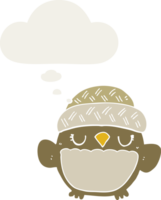 cute cartoon owl in hat with thought bubble in retro style png