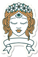 tattoo style sticker with banner of female face with third eye and crown of flowers png