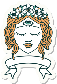 tatuering stil klistermärke med baner av kvinna ansikte med tredje öga och krona av blommor png