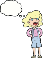 dessin animé femme en salopette avec bulle de pensée png