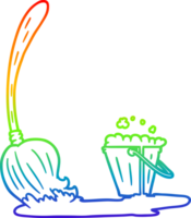 rainbow gradient line drawing of a cartoon mop and bucket png