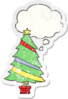 desenho animado Natal árvore com pensamento bolha Como uma angustiado desgastado adesivo png