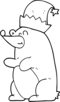 hand drawn black and white cartoon bear wearing christmas hat png