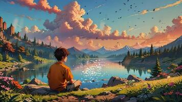 sereno e colorida panorama Onde uma pessoa é sentado de uma calma lago, cercado de natureza, durante pôr do sol. a pessoa é sentado de pernas cruzadas em a chão, olhando às a lindo cenário video