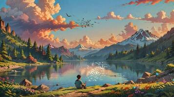 sereno e colorida panorama Onde uma pessoa é sentado de uma calma lago, cercado de natureza, durante pôr do sol. a pessoa é sentado de pernas cruzadas em a chão, olhando às a lindo cenário video