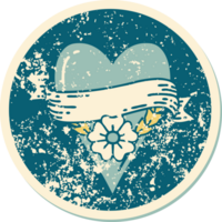 iconic distressed sticker tattoo style image of a heart flower and banner png