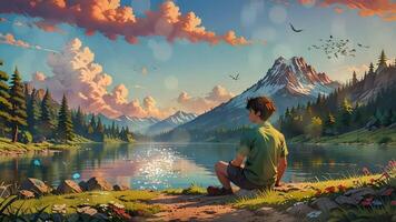 sereno e colorato paesaggio dove un' persona è seduta di un' calma lago, circondato di natura, durante tramonto. il persona è seduta a gambe incrociate su il terra, guardare a il bellissimo scenario video
