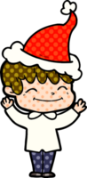 hand drawn comic book style illustration of a happy boy wearing santa hat png