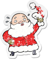 distressed sticker of a cartoon santa claus waving hat png