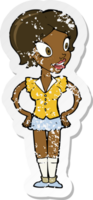 retro distressed sticker of a cartoon happy woman in short skirt png