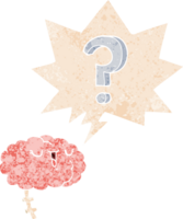 dibujos animados curioso cerebro con habla burbuja en grunge afligido retro texturizado estilo png