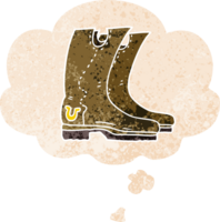 cartoon cowboy boots with thought bubble in grunge distressed retro textured style png