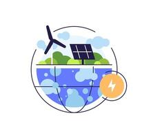 Renewable energy,Planet with solar panel and wind turbine,Alternative power sources thin line customizable vector