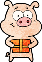 cochon dessin animé heureux tenant le cadeau de noël png