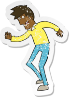 retro distressed sticker of a cartoon happy man dancing png