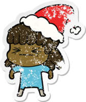 hand drawn distressed sticker cartoon of a woman wearing santa hat png