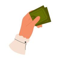 Hand holds bills folded in half. Cash currency. Paper dollar banknote vector