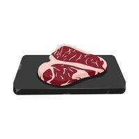 Delicious beef steak on stone tray. Rib eye. Sirloin. Uncooked raw meat vector