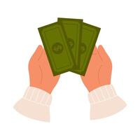 Hands hold paper green banknote. Paper dollar money in hands. Cash currency vector