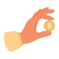 Hand with gold coin. Cash currency in fingers. Donation concept vector