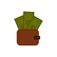 Brown wallet with green paper money. Purse with dollar banknotes. illustration vector