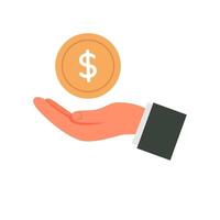 Hand with gold coin flying. Cash currency concept. Businessman hand hold icon vector