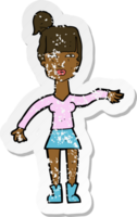 retro distressed sticker of a cartoon woman making dismissive gesture png