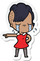 sticker of a cartoon crying girl pointing png