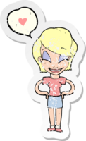 retro distressed sticker of a cartoon woman in love png